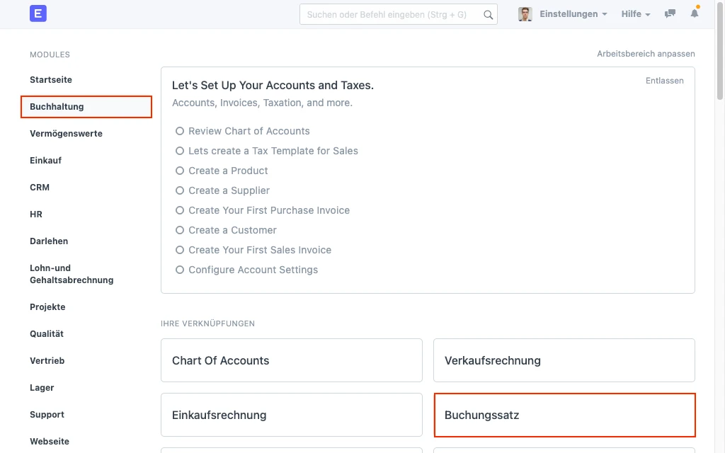 Buchungssatz in ERPNext erstellen