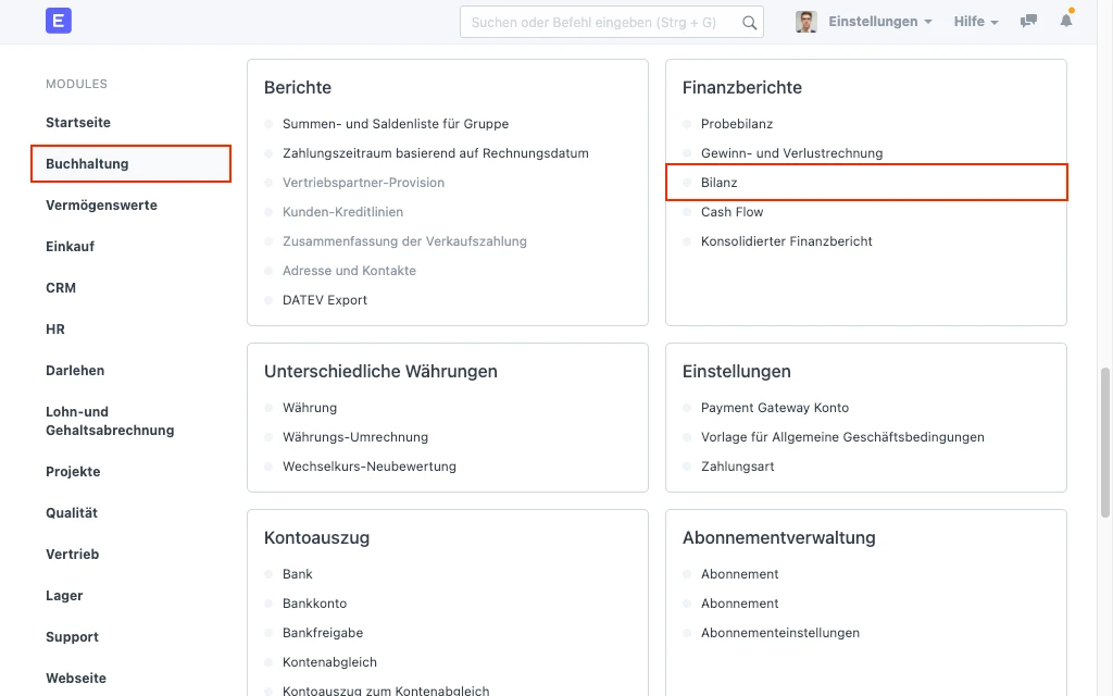 Bilanzbericht in ERPNext